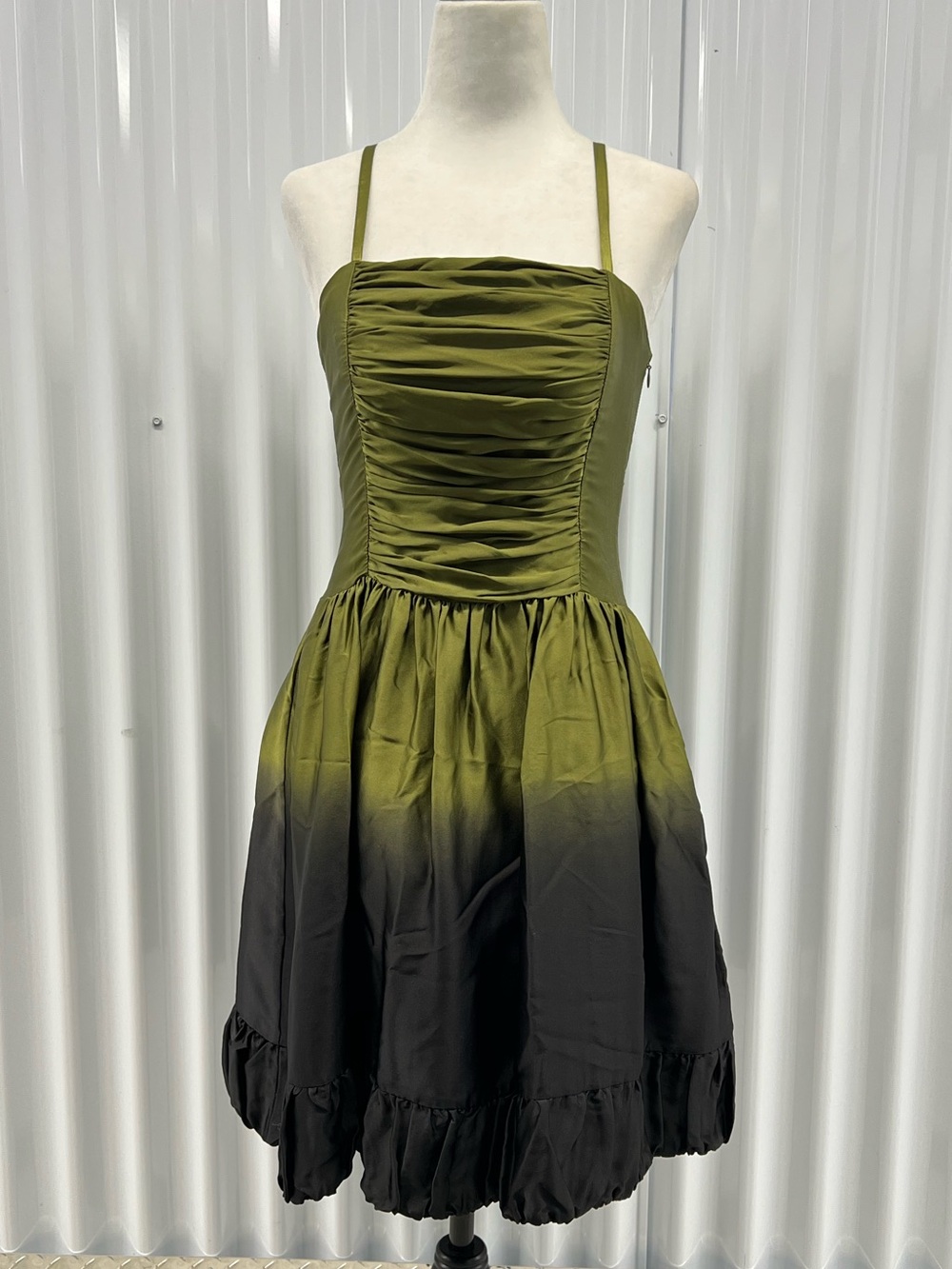 kenzie Olive to Black Ombre Ruched Satin Mini Dress